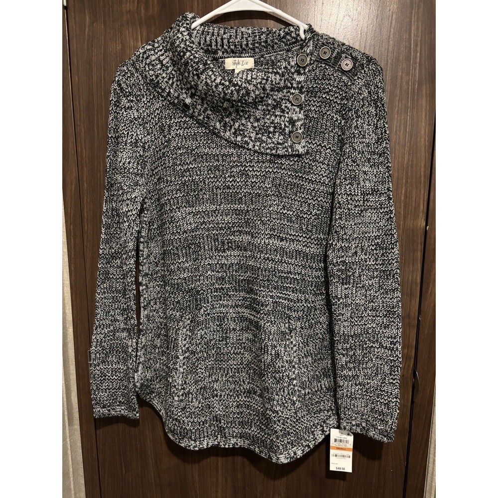 Style & Co Womens Cowl Neck with Buttons Curved Hem Sweater Black Grey Size S